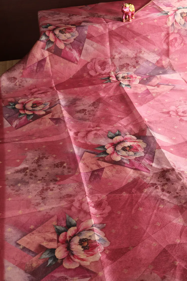 Rouge Pink Semi Tussar Silk Without Zari With Floral Patterns view 2