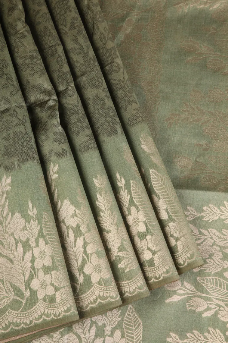 Sage Green Tussar Saree with Antic Zari Flower Mottif