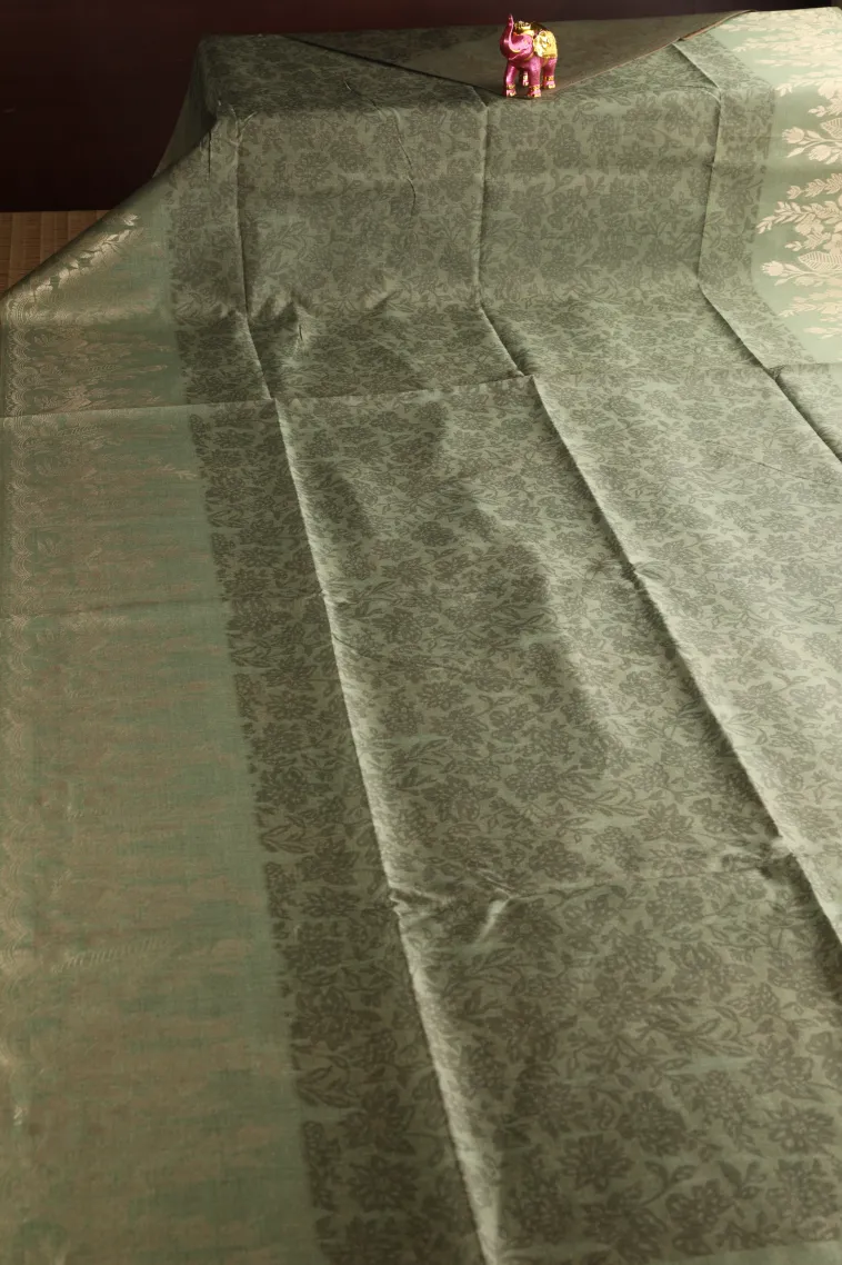 Sage Green Tussar Saree with Antic Zari Flower Mottif view 2