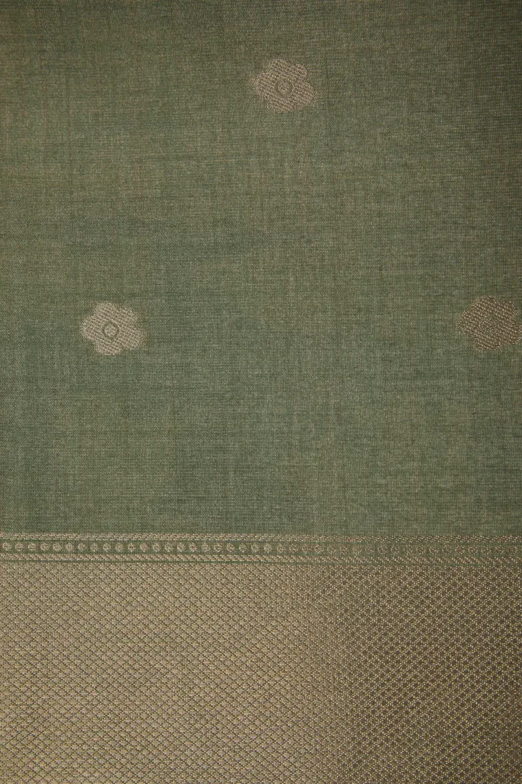 Sage Green Tussar Saree with Antic Zari Flower Mottif view 3