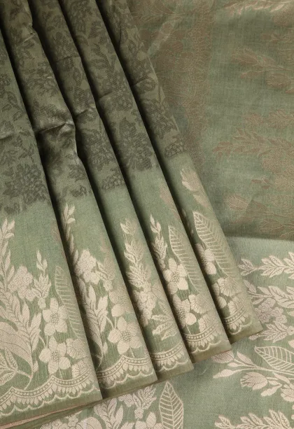 Sage Green Tussar Saree with Antic Zari Flower Mottif