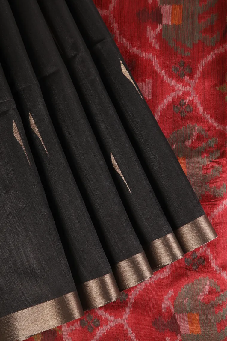 Asphalt Black Silk Cotton Sarees with Gold Zari Buttis (small Dots Or Motifs) view 1