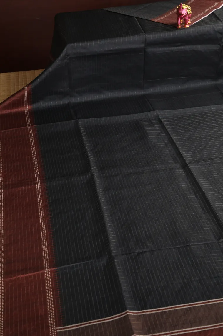 Rock Black Tussar Saree with Gold Zari Checks view 2