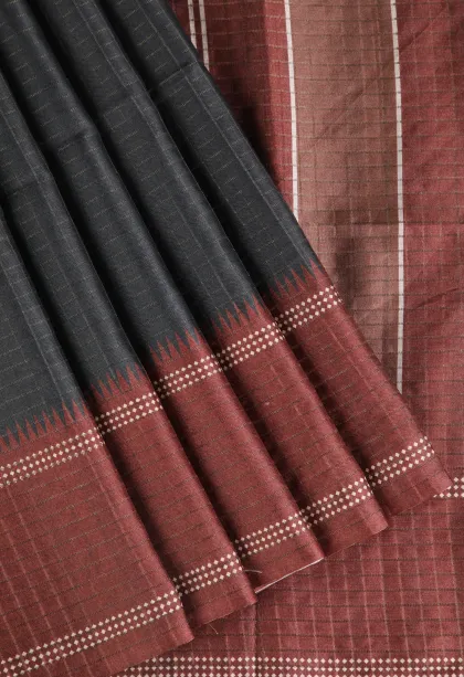 Rock Black Tussar Saree with Gold Zari Checks