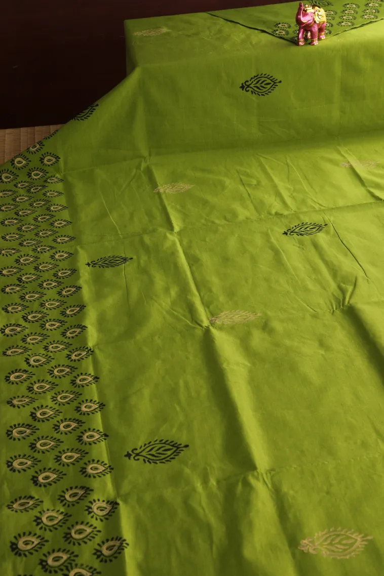 Lime Green Poly Cotton Sarees Without Zari With Buttis (small Dots Or Motifs) view 2