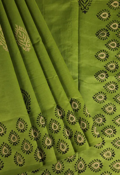 Lime Green Poly Cotton Sarees Without Zari With Buttis (small Dots Or Motifs)