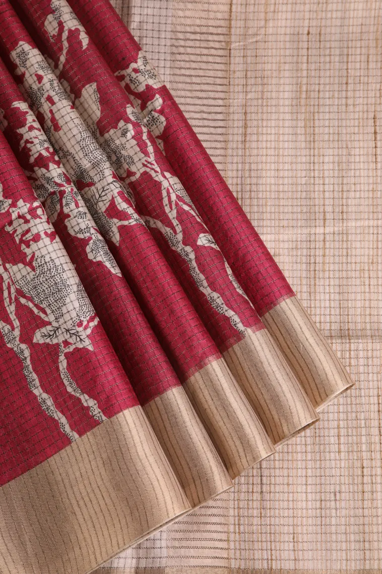 Rosewood Pink Jute Sarees with Gold Zari Floral Patterns