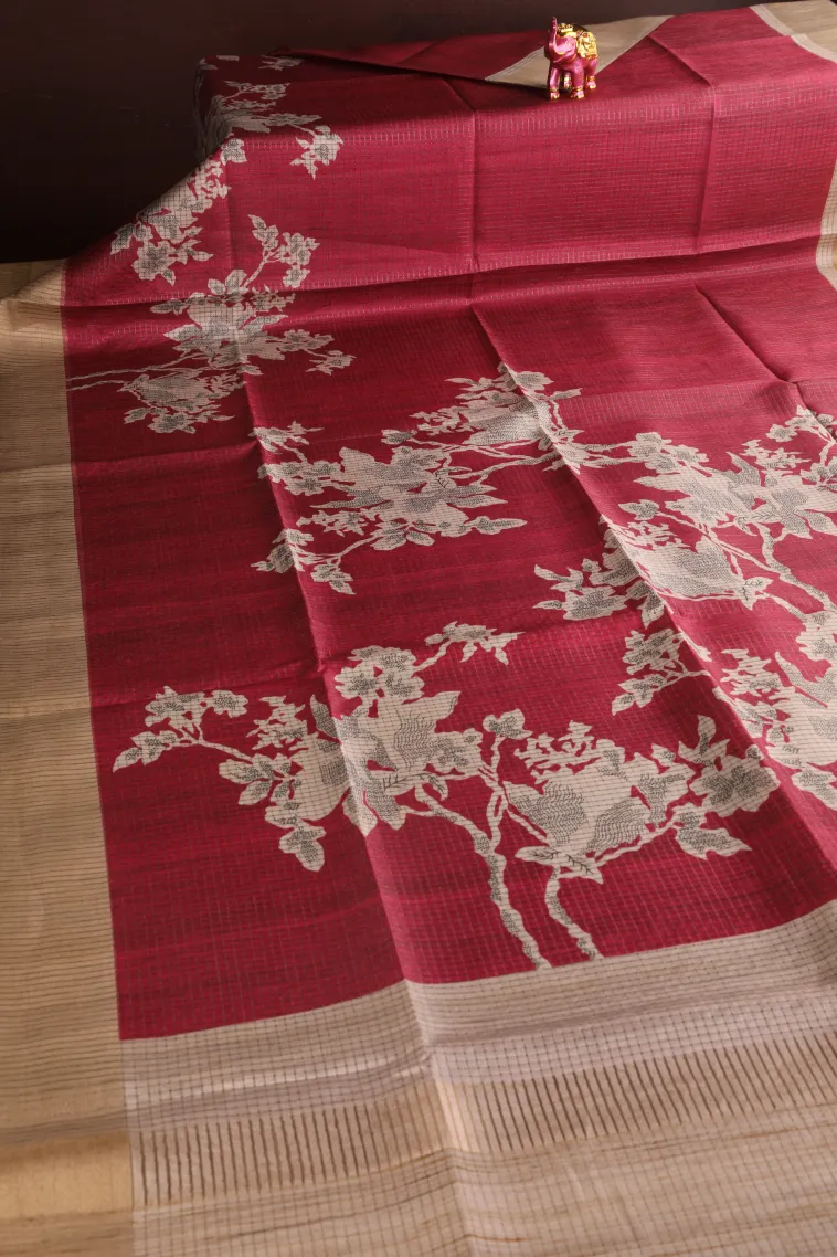 Rosewood Pink Jute Sarees with Gold Zari Floral Patterns view 2
