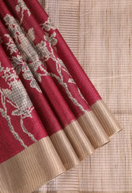 Rosewood Pink Jute Sarees with Gold Zari Floral Patterns