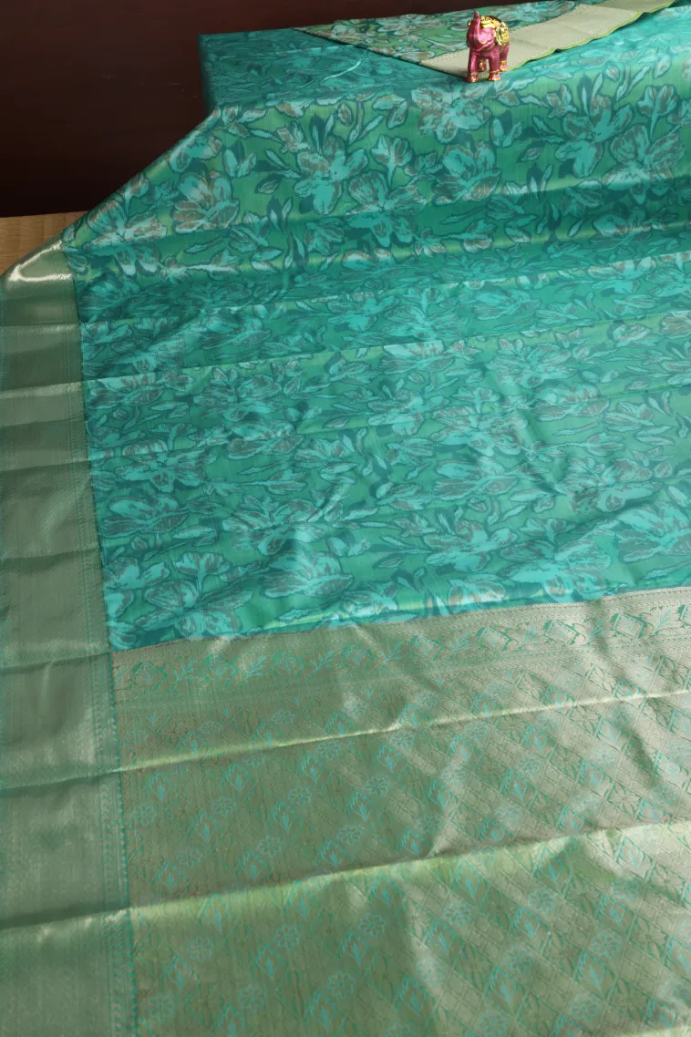 Seafoam Green Soft Silk Sarees with Bronze Zari Floral Patterns view 2