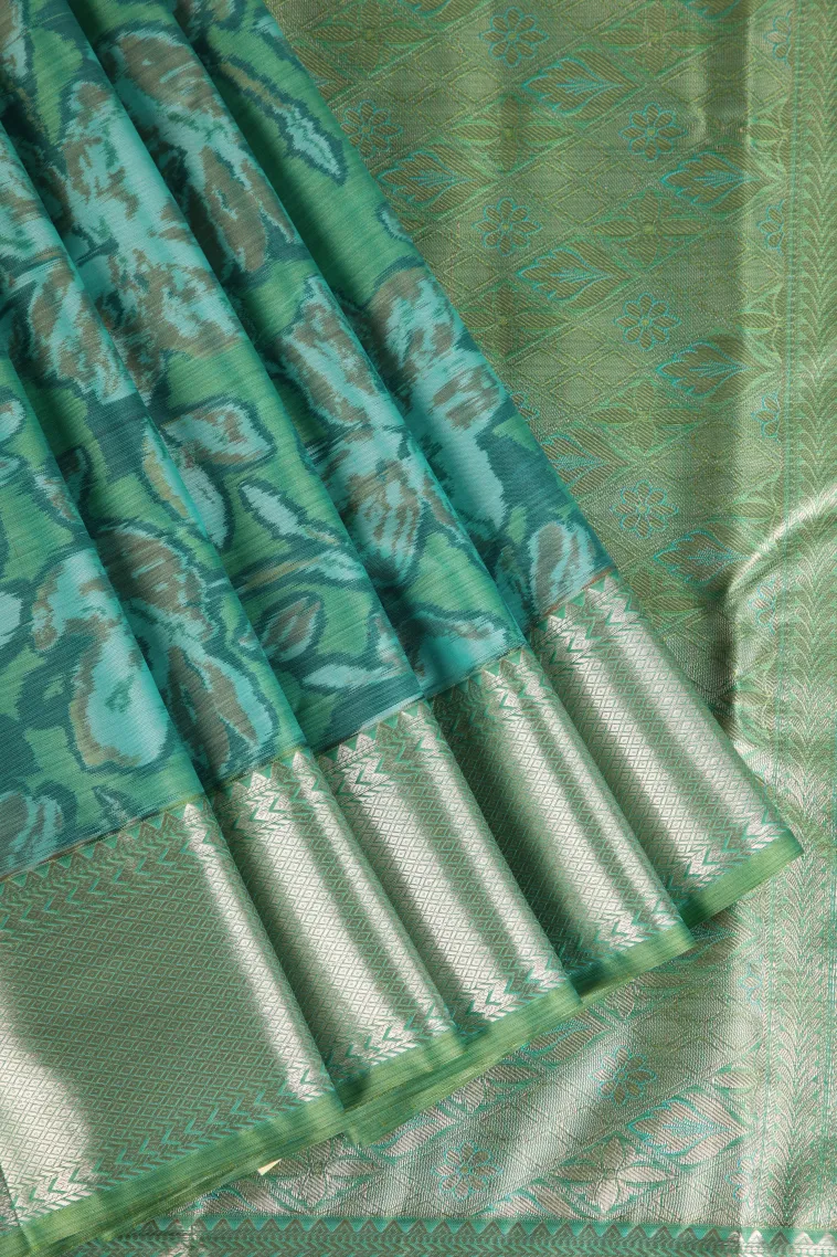 Seafoam Green Soft Silk Sarees with Bronze Zari Floral Patterns