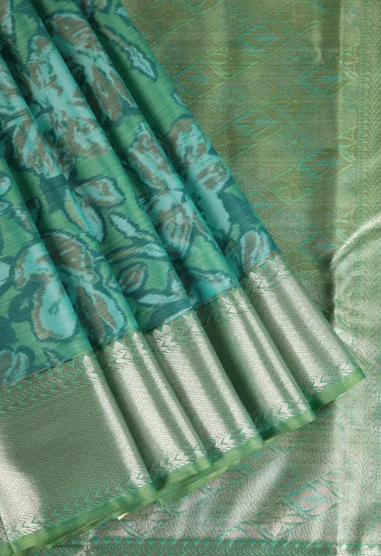 Seafoam Green Soft Silk Sarees with Bronze Zari Floral Patterns