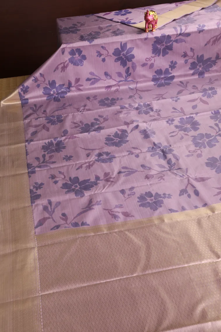 Periwinkle Purple Soft Silk Sarees with Bronze Zari Floral Patterns view 2
