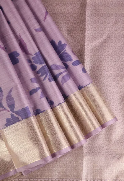 Periwinkle Purple Soft Silk Sarees with Bronze Zari Floral Patterns