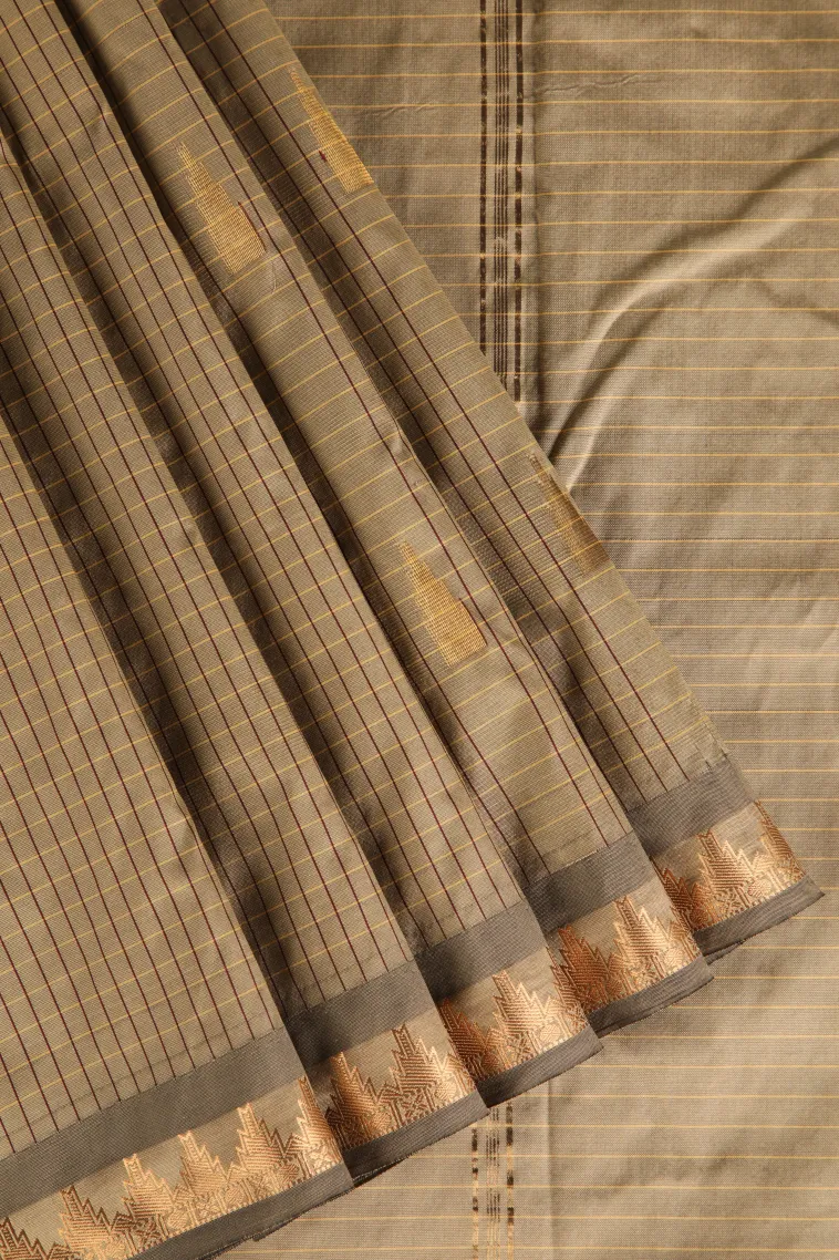 Tortilla Brown Soft Silk Saree with Gold Zari Checks And Puttas