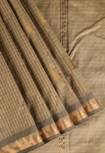 Tortilla Brown Soft Silk Saree with Gold Zari Checks And Puttas