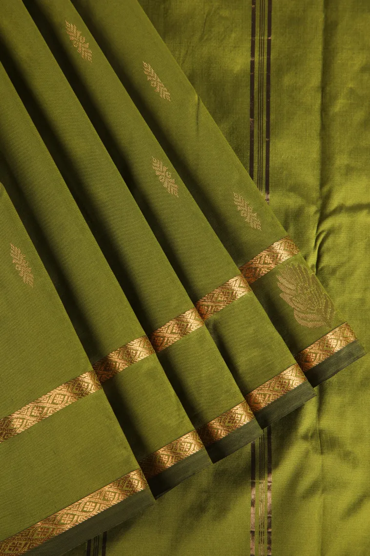 Olive Green Soft Silk Saree with Gold Zari Buttis (small Dots Or Motifs)