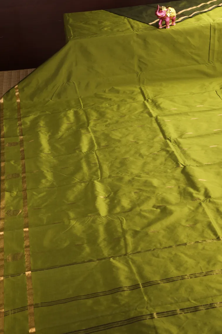 Olive Green Soft Silk Saree with Gold Zari Buttis (small Dots Or Motifs) view 2