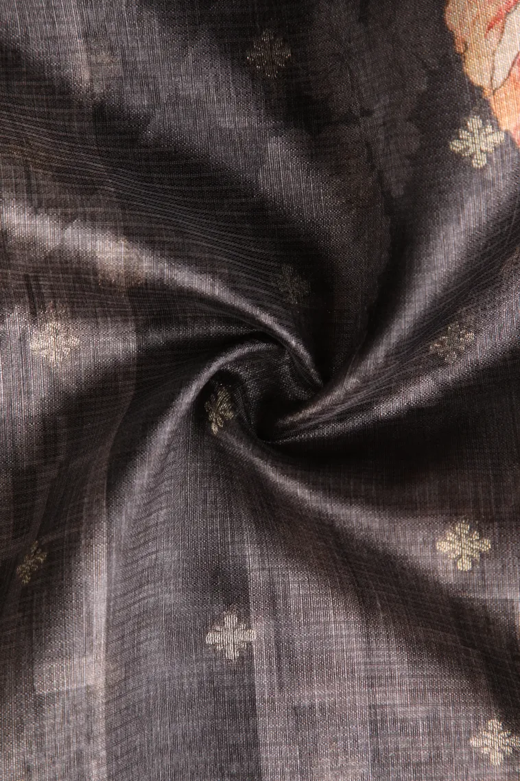 Eel Black Semi Tussar Silk with Bronze Zari Leaf Pattern view 4
