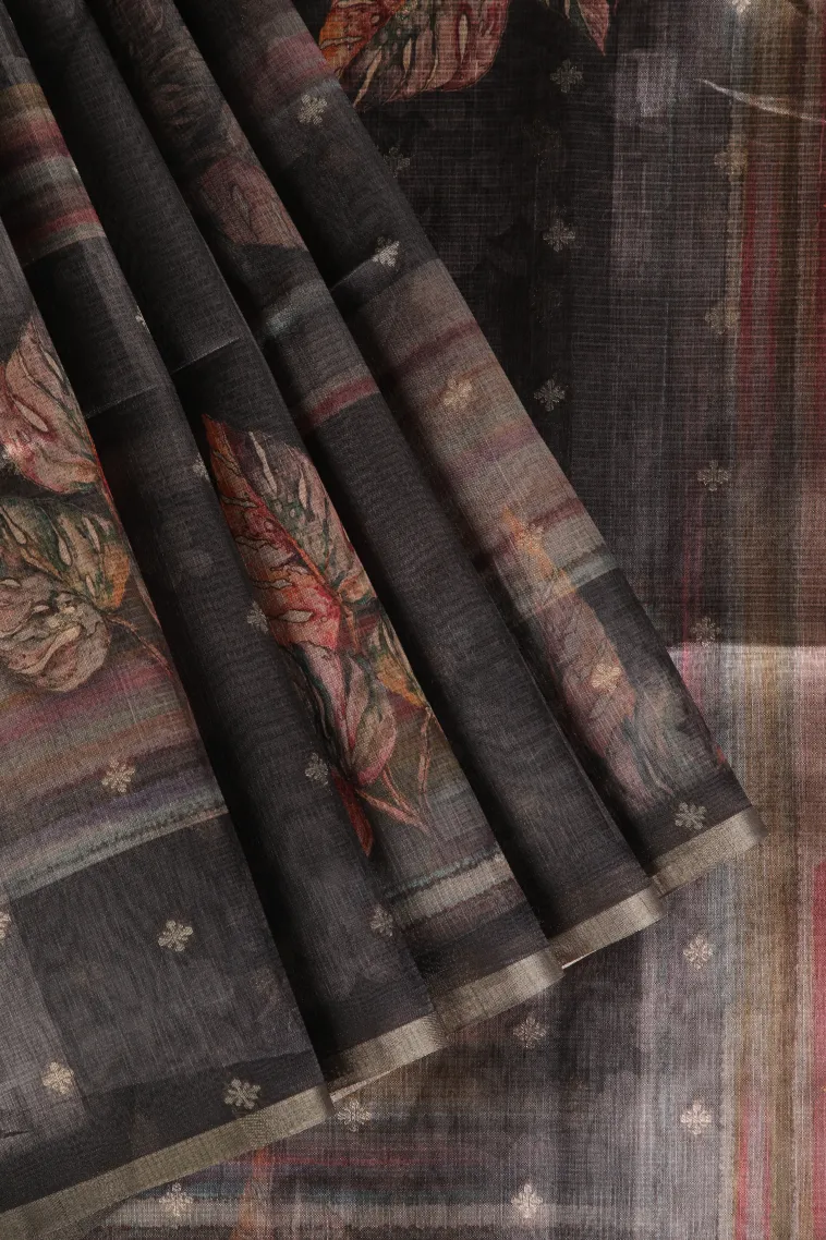 Eel Black Semi Tussar Silk with Bronze Zari Leaf Pattern view 1