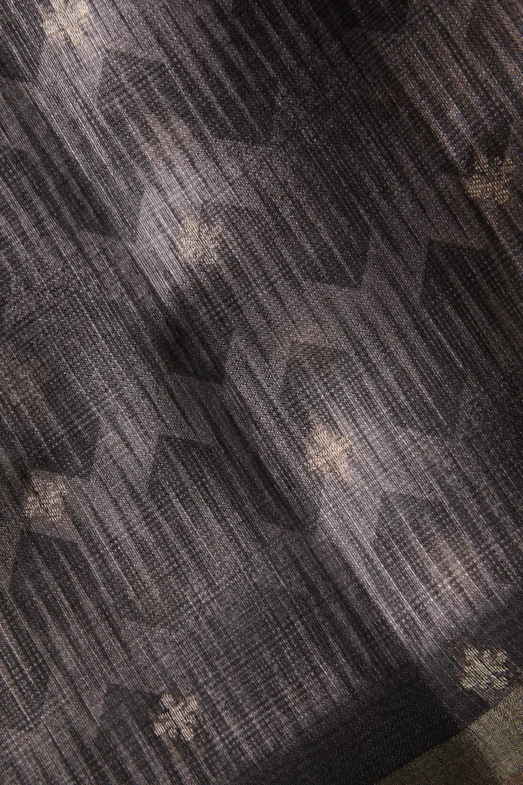 Eel Black Semi Tussar Silk with Bronze Zari Leaf Pattern view 3