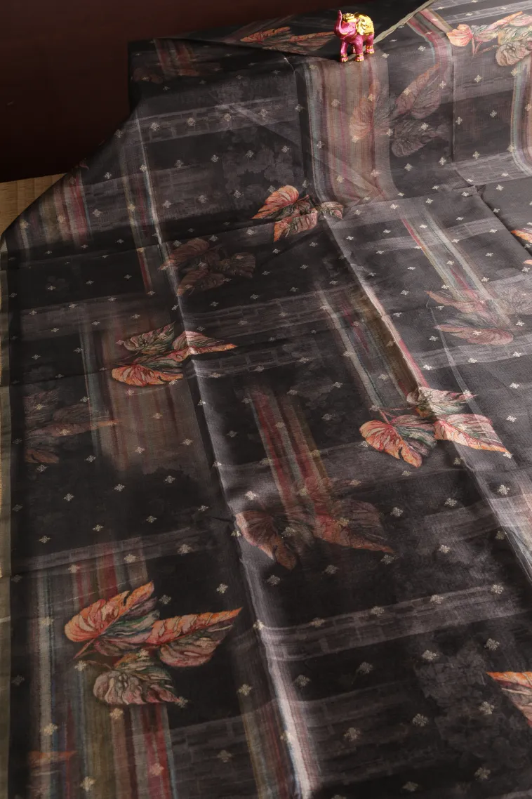Eel Black Semi Tussar Silk with Bronze Zari Leaf Pattern view 2