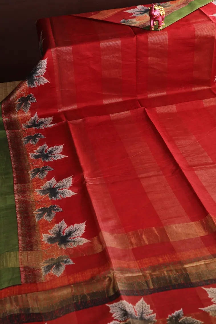 Rose Red Semi Tussar Silk with Gold Zari Stripes view 2
