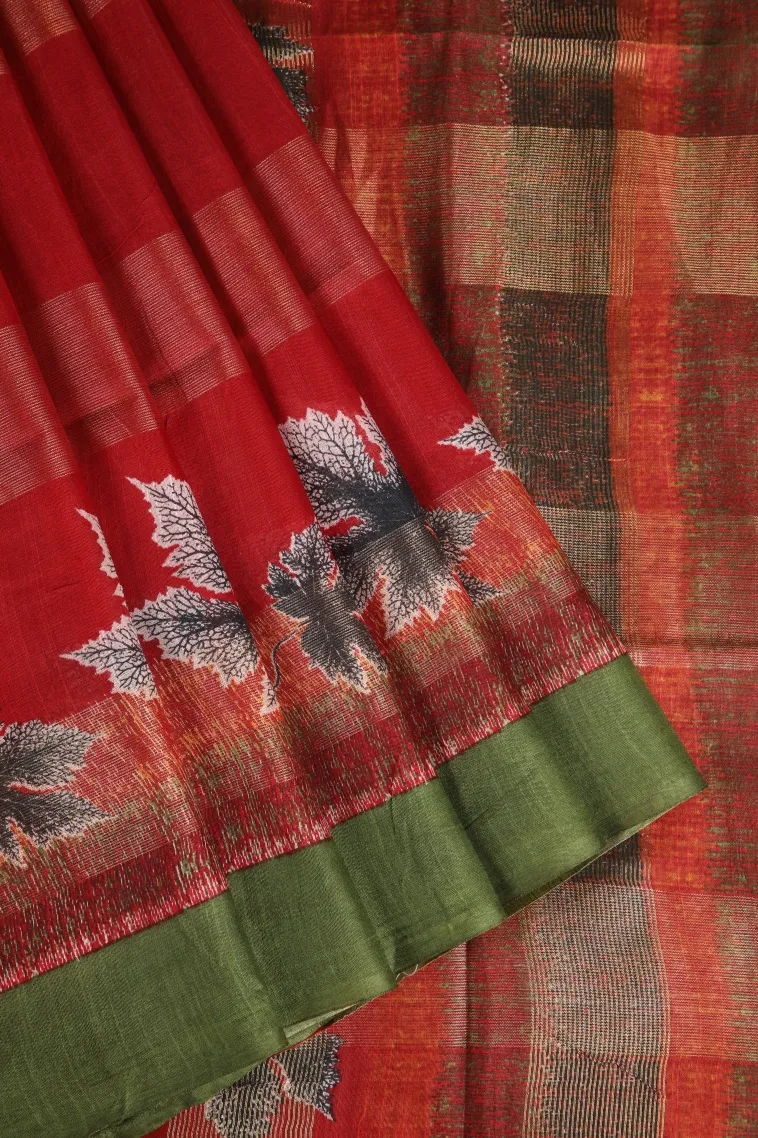 Rose Red Semi Tussar Silk with Gold Zari Stripes