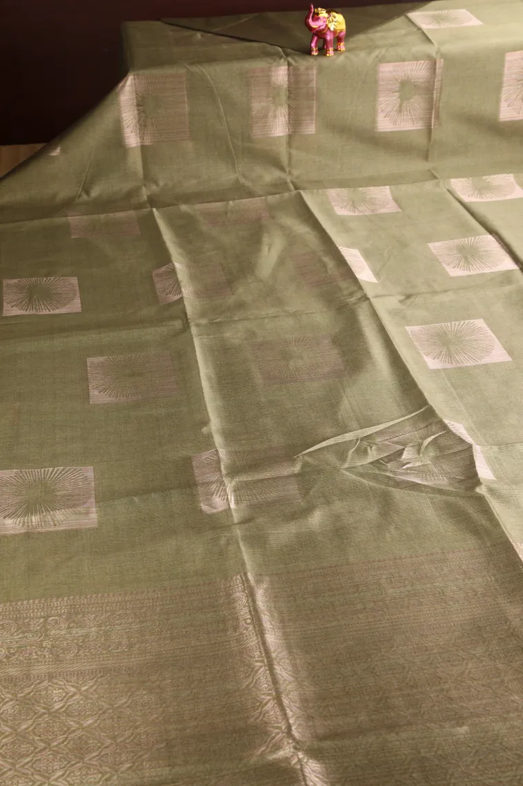 Sage Green Tussar Saree Without Zari With Jamandery Pattern view 2