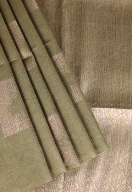 Sage Green Tussar Saree Without Zari With Jamandery Pattern
