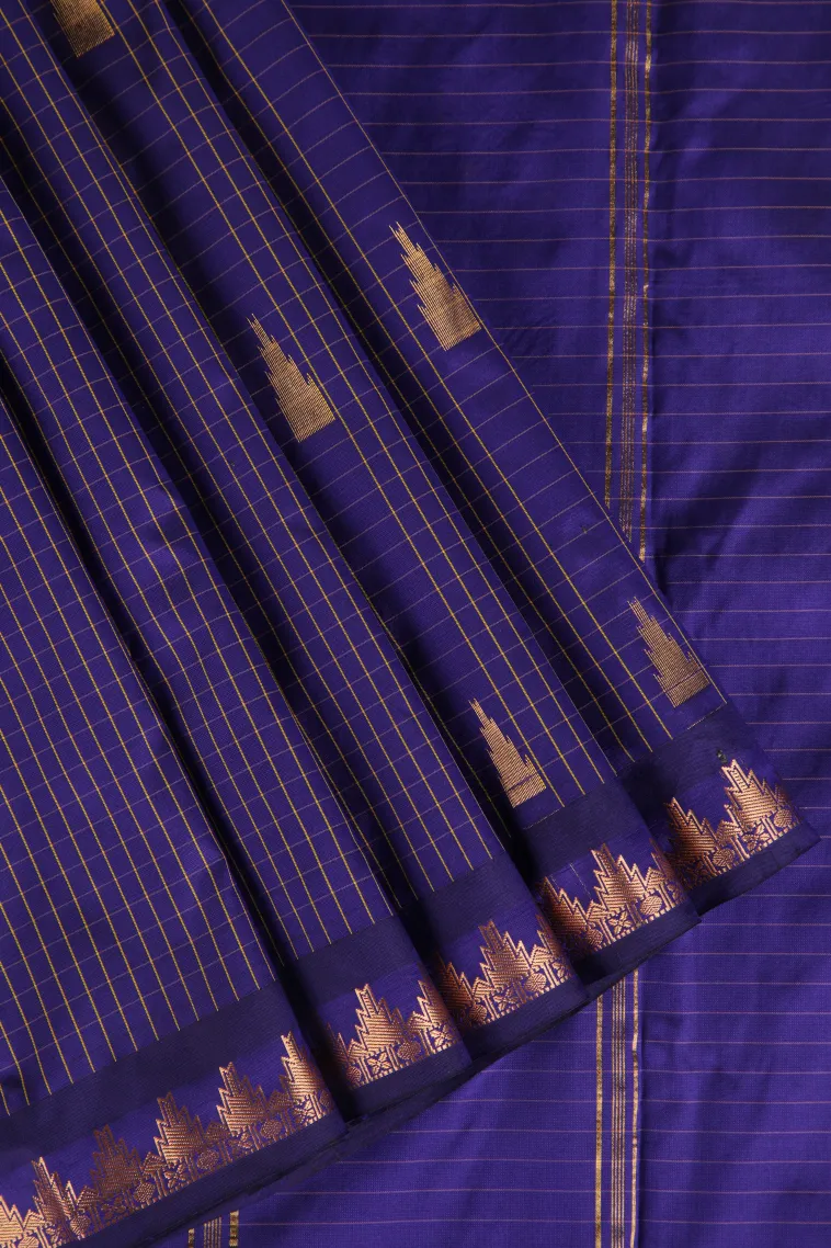 Berry Blue Soft Silk Saree with Gold Zari Checks And Puttas view 1