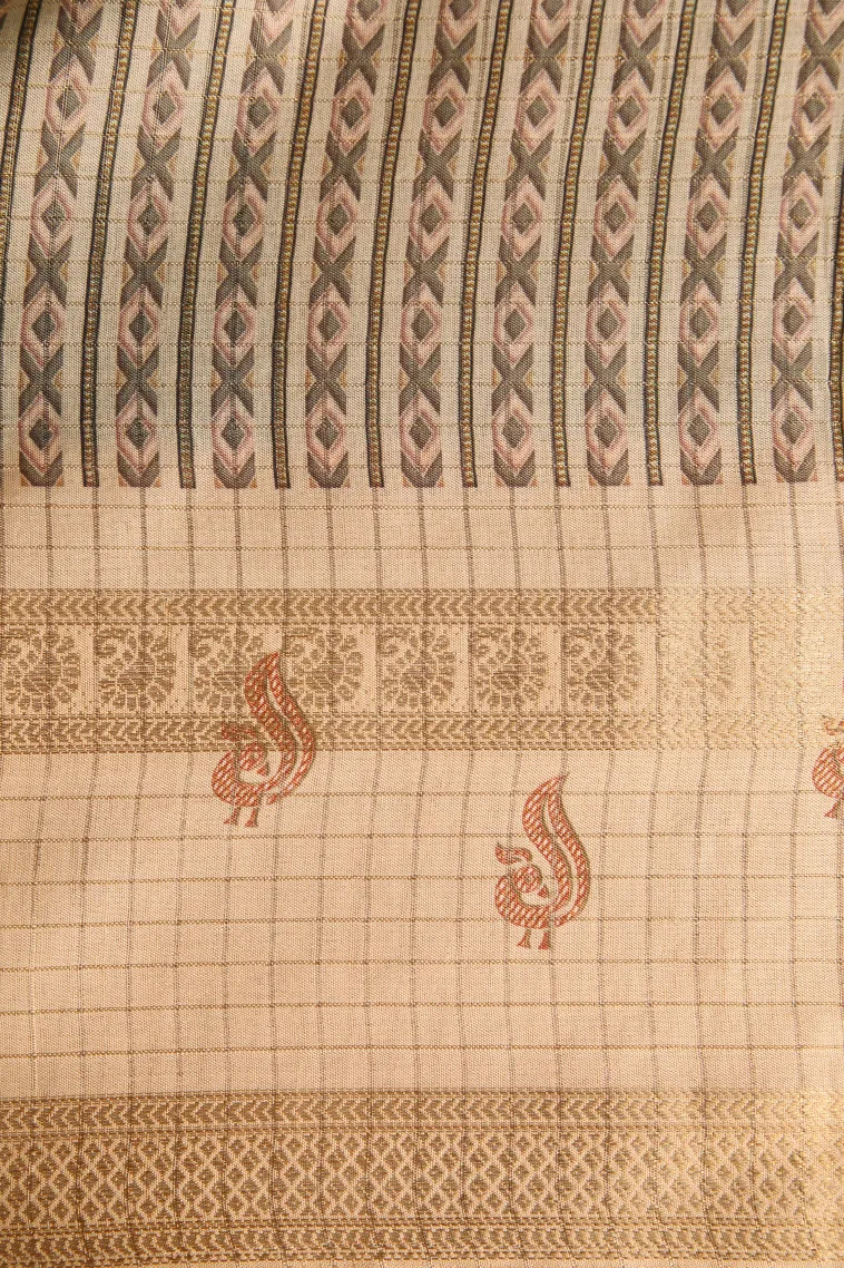 Bottle Green Semi Tussar Silk with Gold Zari Small Checks Pattern view 3