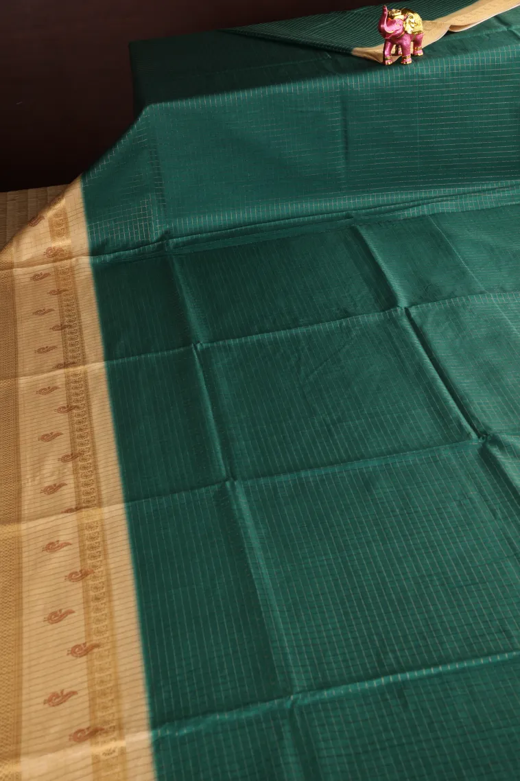 Bottle Green Semi Tussar Silk with Gold Zari Small Checks Pattern view 2