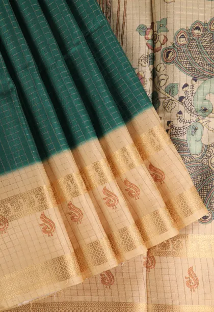Bottle Green Semi Tussar Silk with Gold Zari Small Checks Pattern