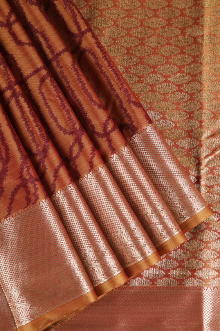 Fire Orange Soft Silk Sarees with Bronze Zari Geometric Shapes view 1