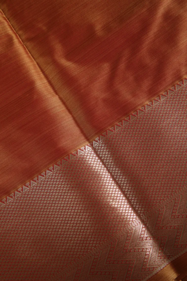 Fire Orange Soft Silk Sarees with Bronze Zari Geometric Shapes view 3
