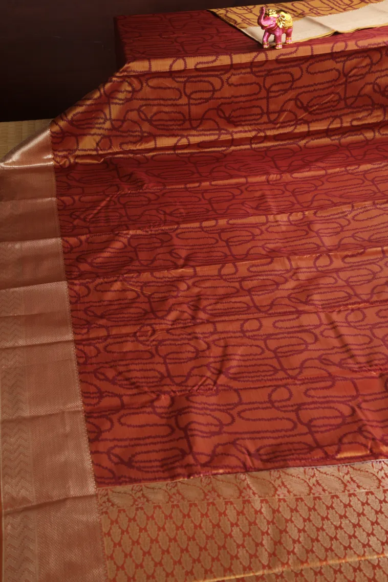 Fire Orange Soft Silk Sarees with Bronze Zari Geometric Shapes view 2