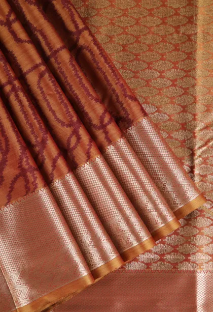 Fire Orange Soft Silk Sarees with Bronze Zari Geometric Shapes