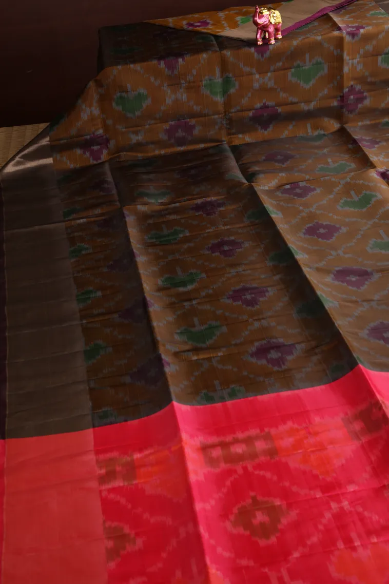 Caramel Brown Pochampalli Saree Without Zari With Floral Patterns view 2