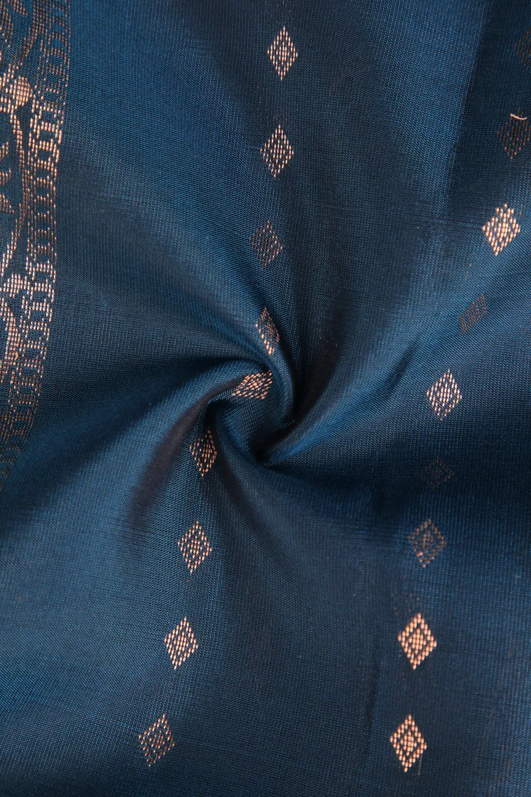 Peacock Blue Soft Silk Saree with Copper Zari Straipes And Puttas view 4