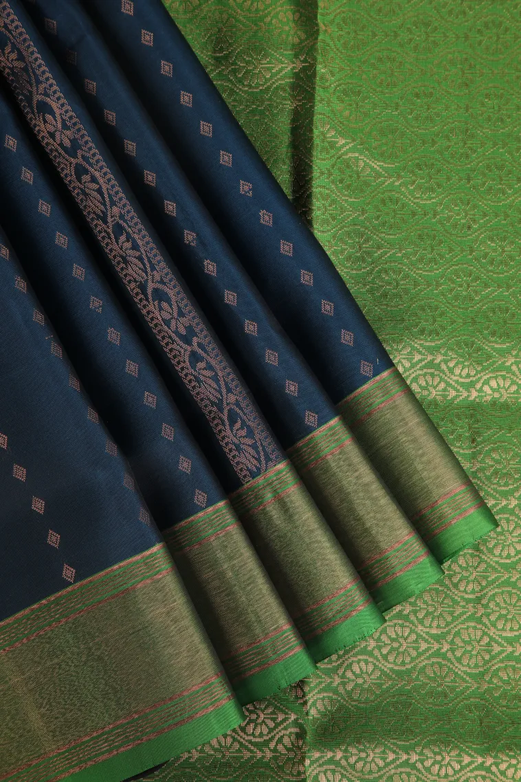 Peacock Blue Soft Silk Saree with Copper Zari Straipes And Puttas