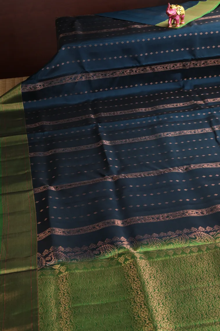 Peacock Blue Soft Silk Saree with Copper Zari Straipes And Puttas view 2