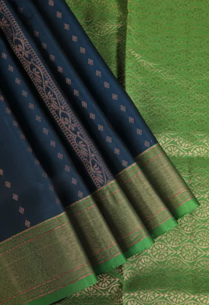 Peacock Blue Soft Silk Saree with Copper Zari Straipes And Puttas