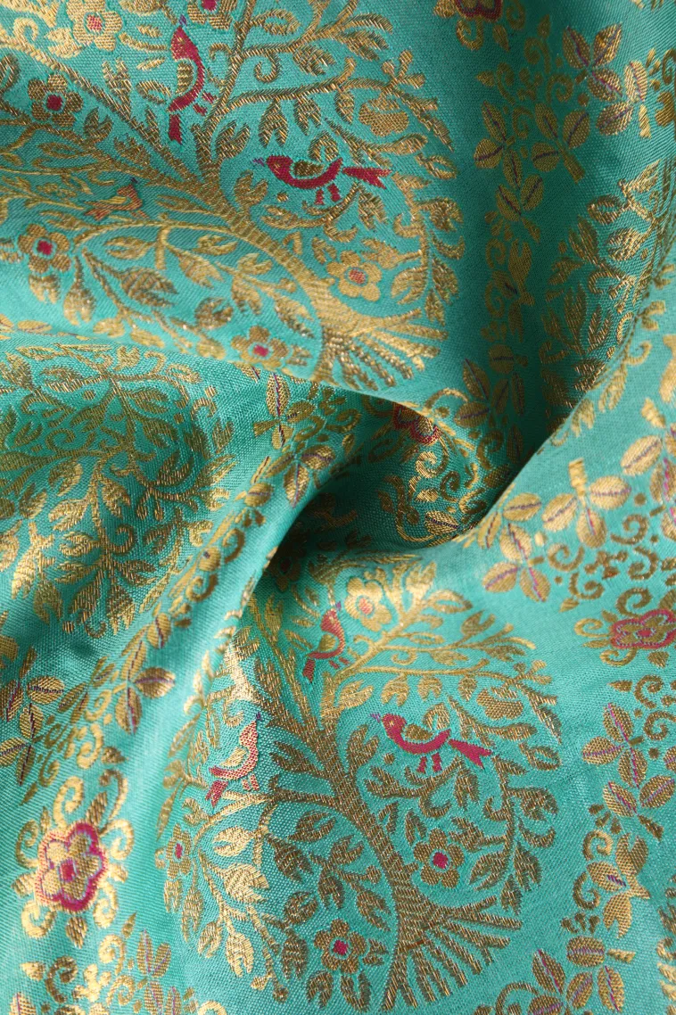 Teal Blue Kanchipuram Silk Sarees with Gold Zari Floral Patterns view 4