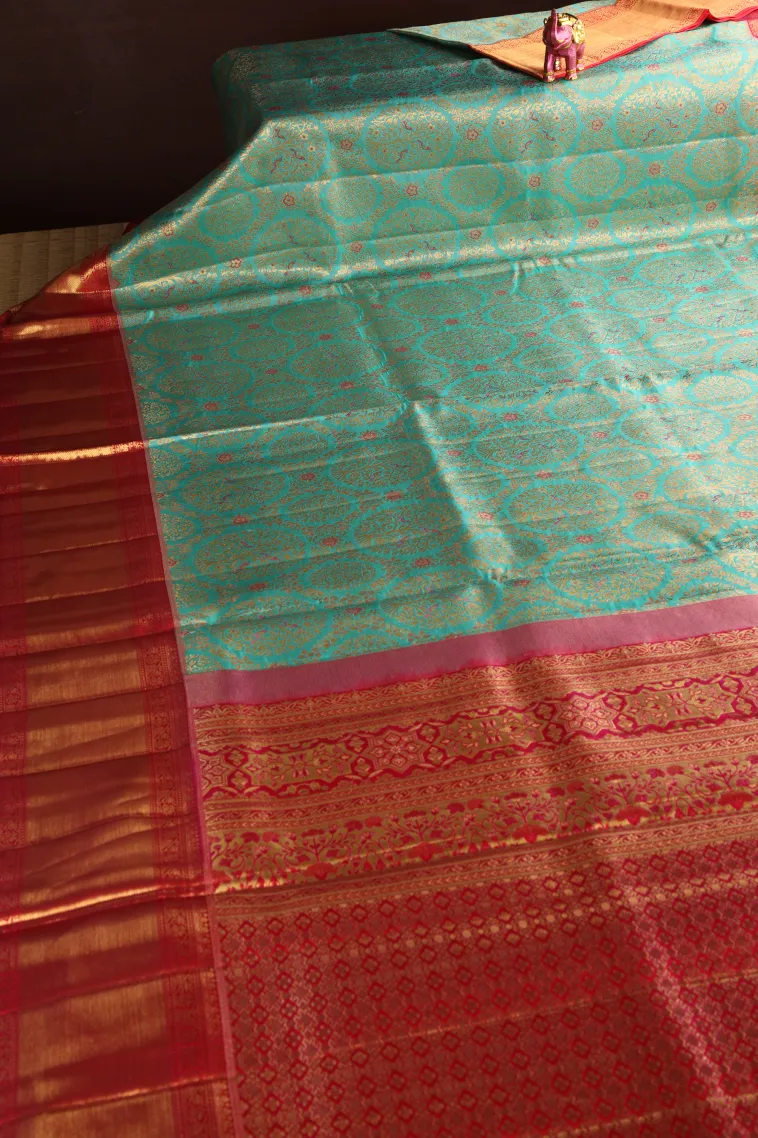 Teal Blue Kanchipuram Silk Sarees with Gold Zari Floral Patterns view 2