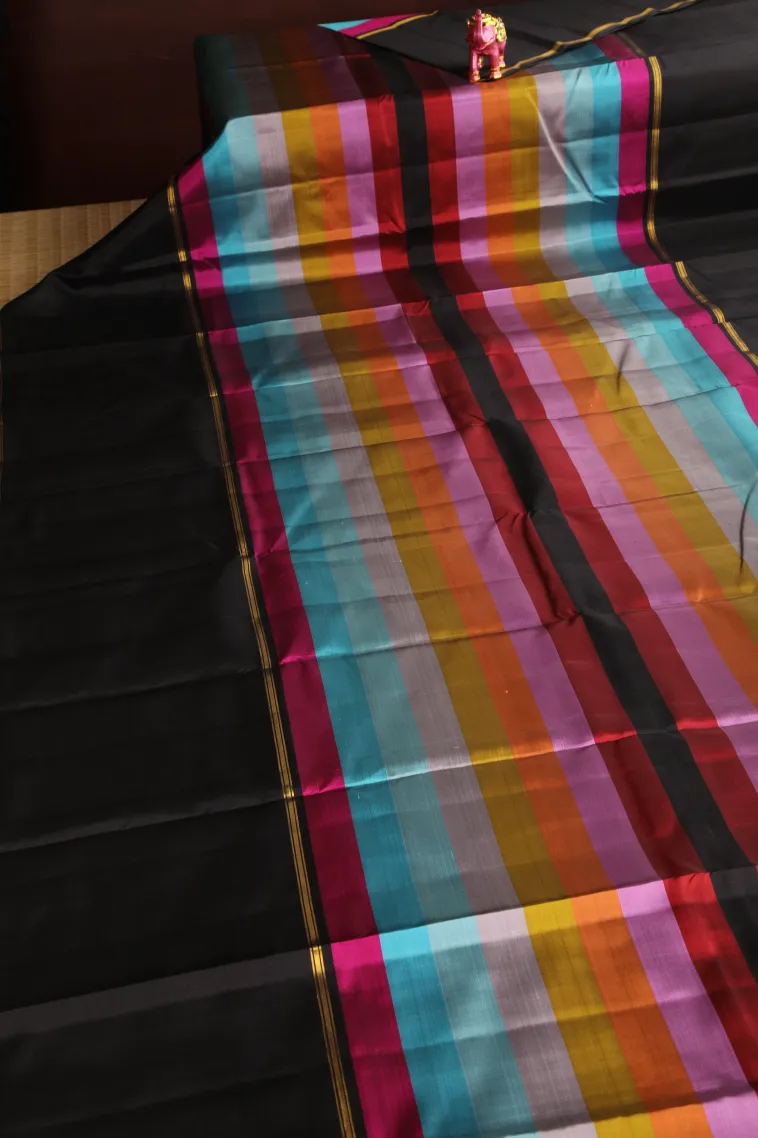 Asphalt Black Kanchipuram Silk Sarees with Gold Zari Horizontal Model view 2