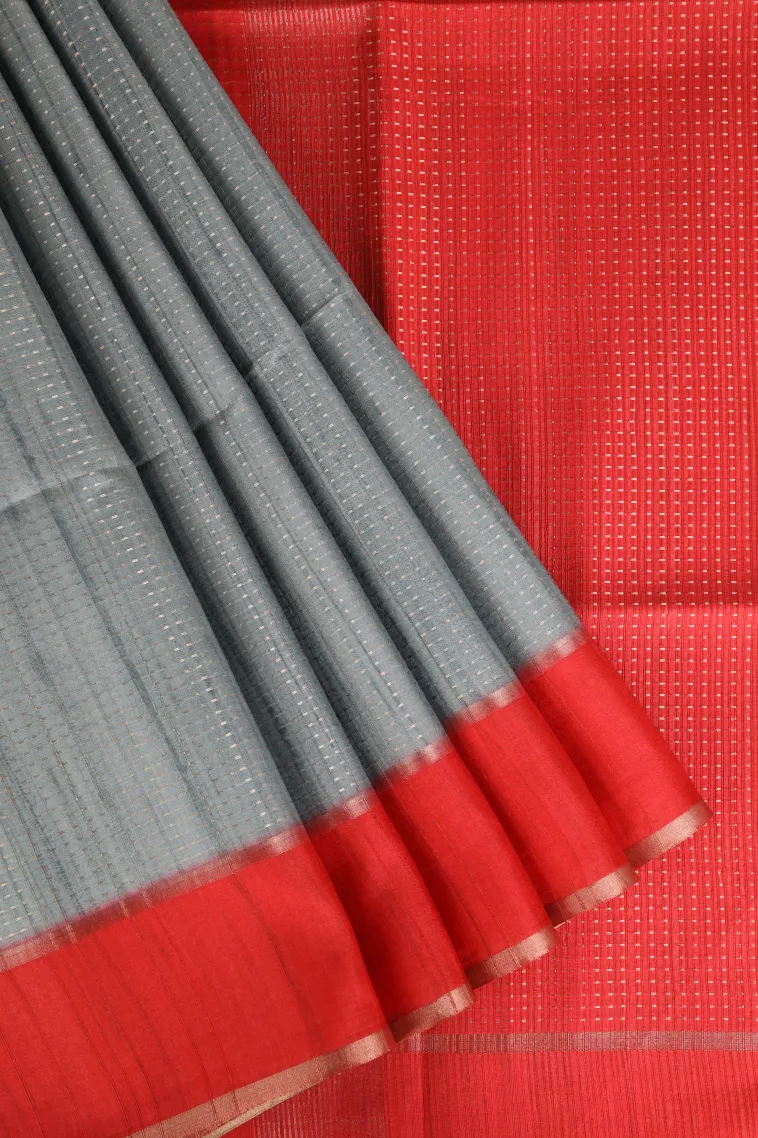 Slate Blue Tussar Saree with Gold Zari Stripes