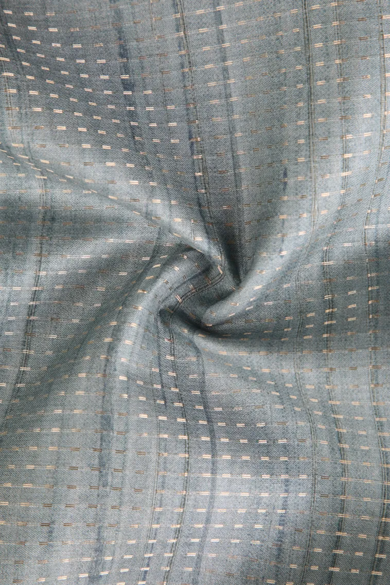 Slate Blue Tussar Saree with Gold Zari Stripes view 4