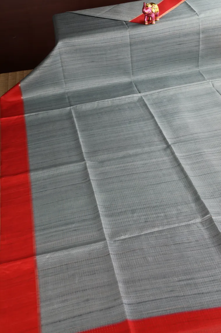 Slate Blue Tussar Saree with Gold Zari Stripes view 2