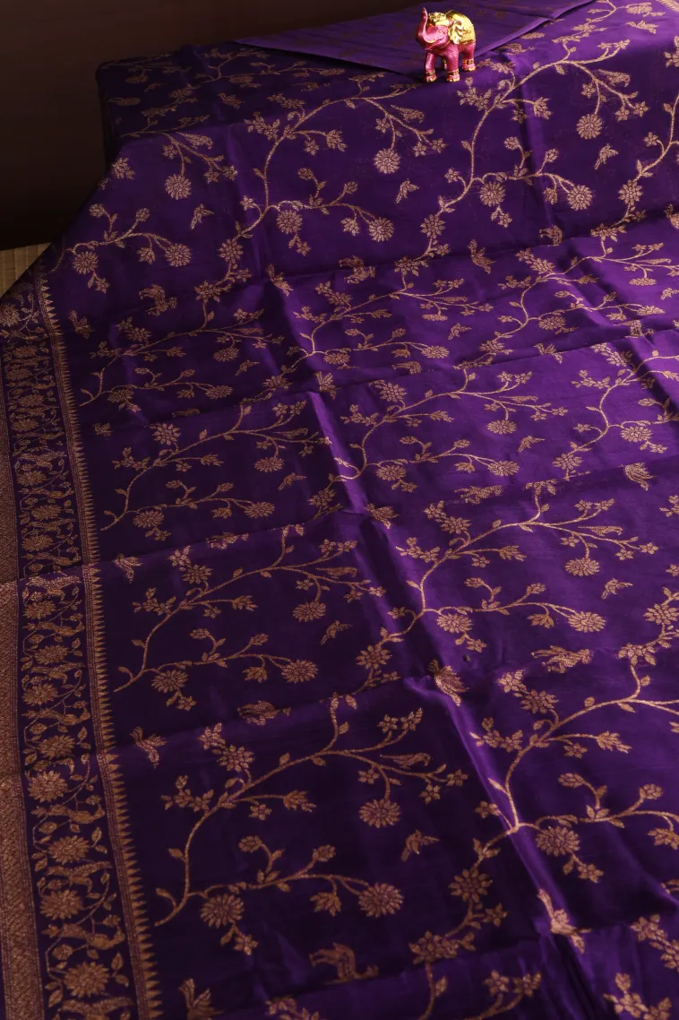 Viola Purple Banaras Sarees with Copper Zari Floral Patterns view 2